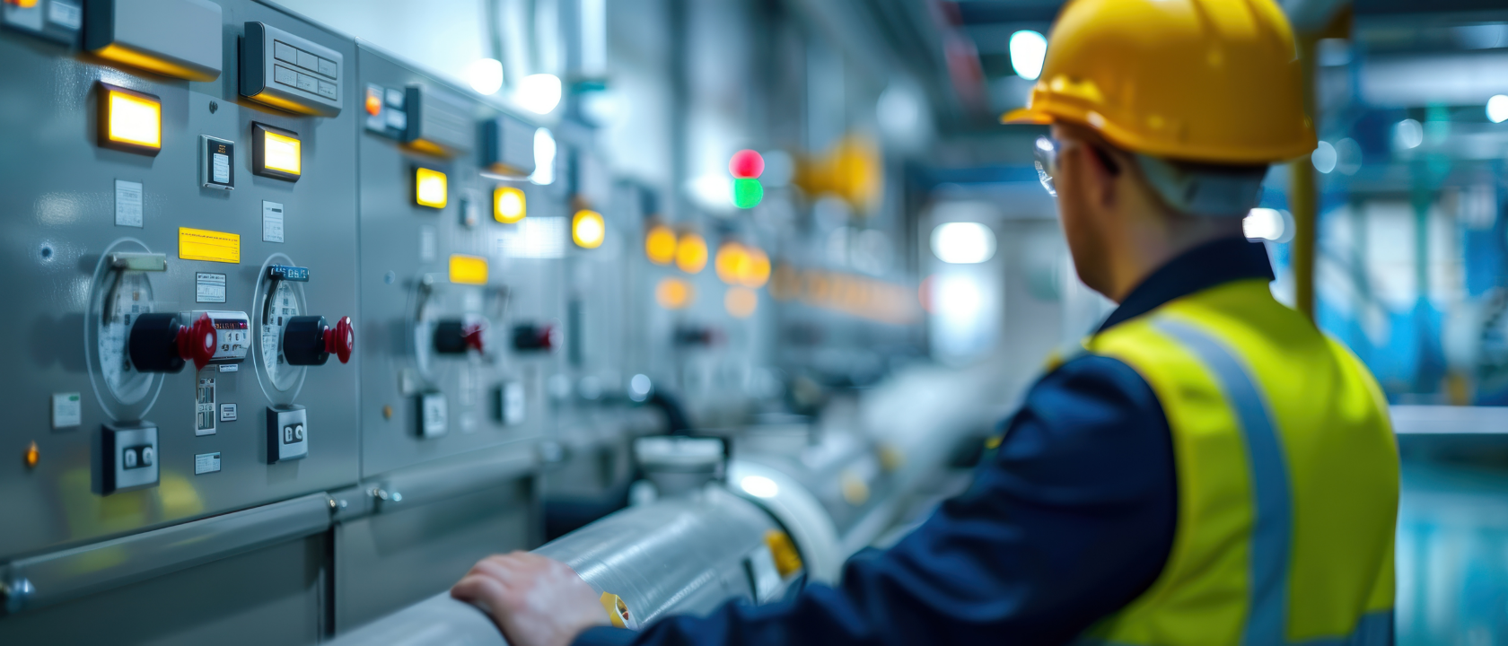 Technician in a hard hat checking gauges at a water treatment plant